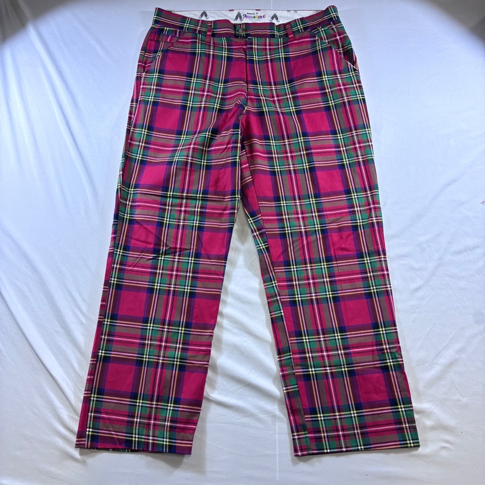 Royal & Awesome Mens Red Plaid Golf Pants Trousers 36x30 Tee Holder Flat Front